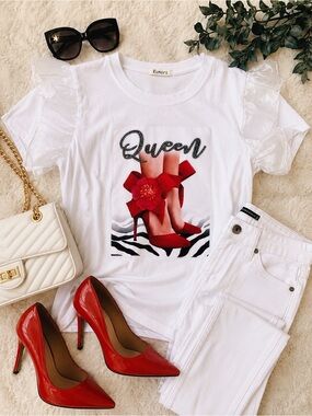 Rumors Queen Graphic Tee Red Bow Heels Organza Ruffle Sleeve Top M